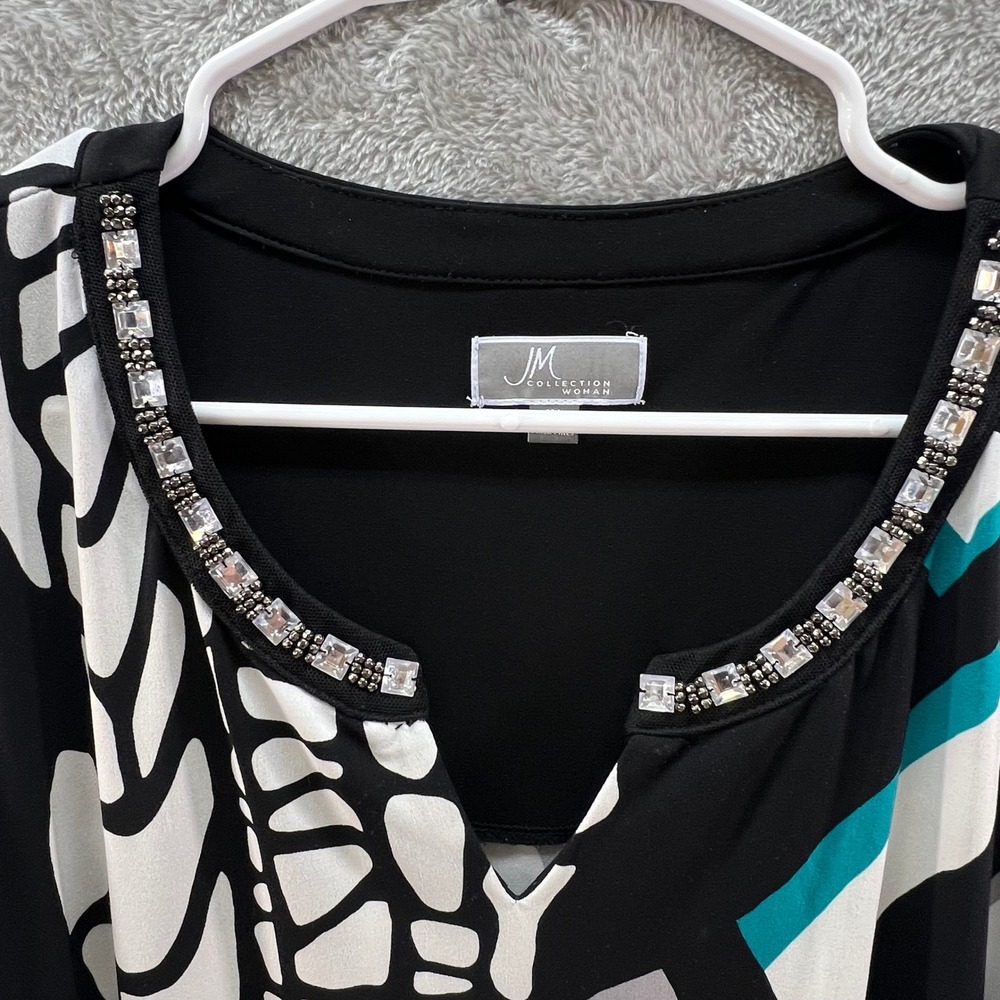 JM Collection 1X Blouse Black White‎ Teal Geometric Rhinestone Tunic Modernist